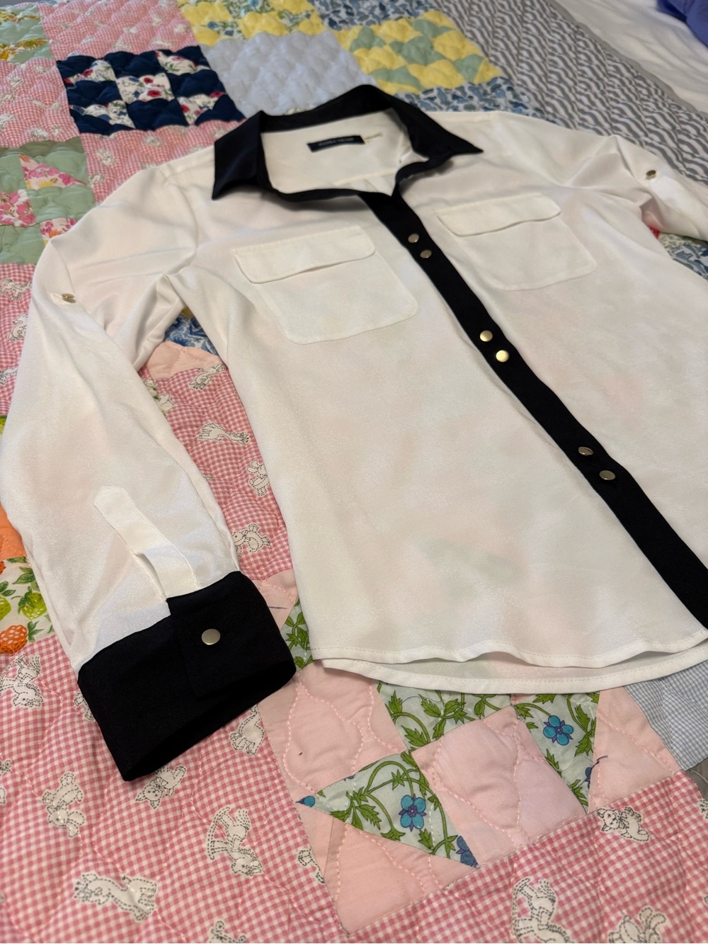 White Blouse with Black Trim Collar & Placket - Picture 2 of 4
